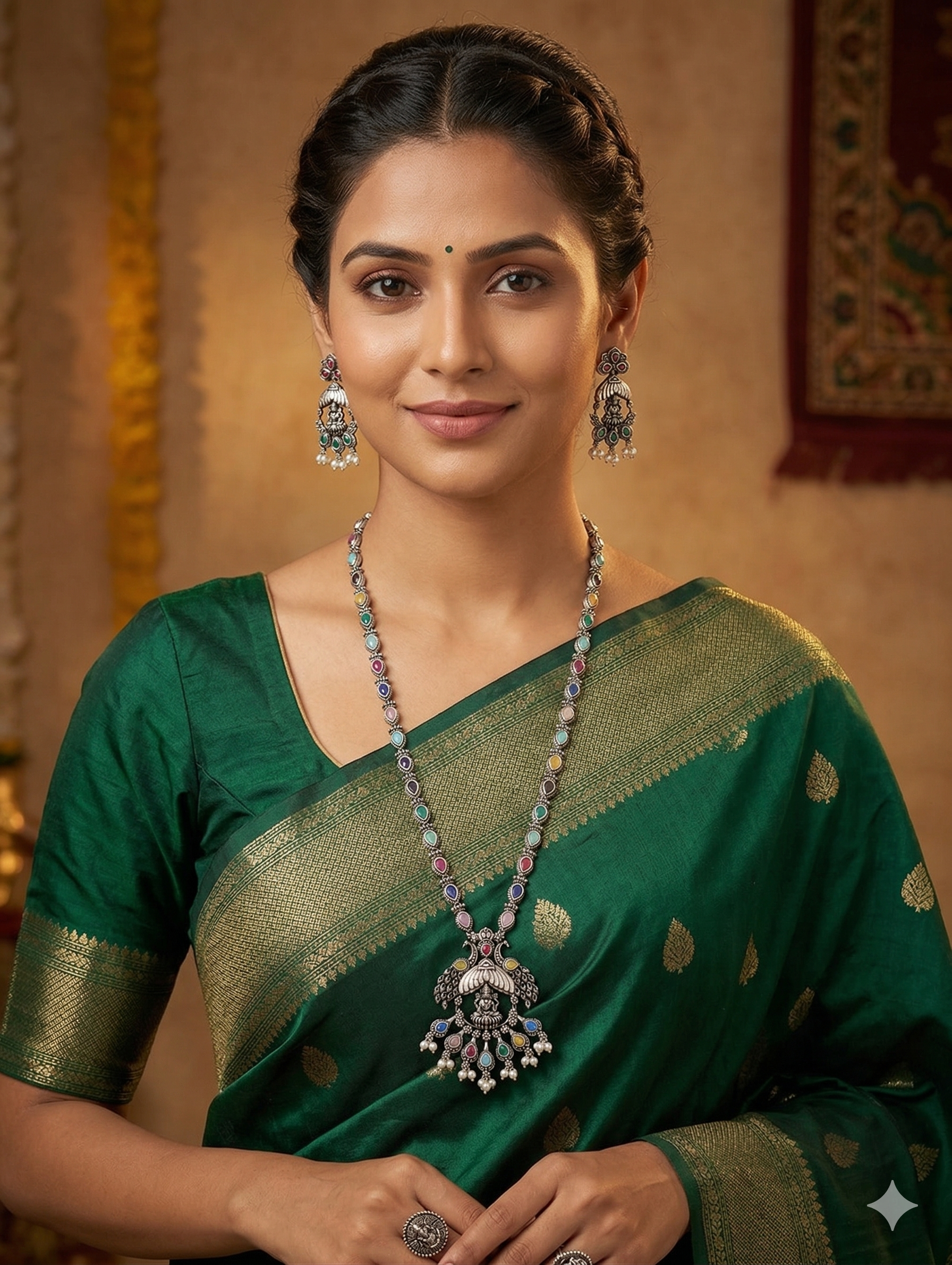 Oxidized Silver Goddess Lakshmi design Haram and earrings set - Simpliful