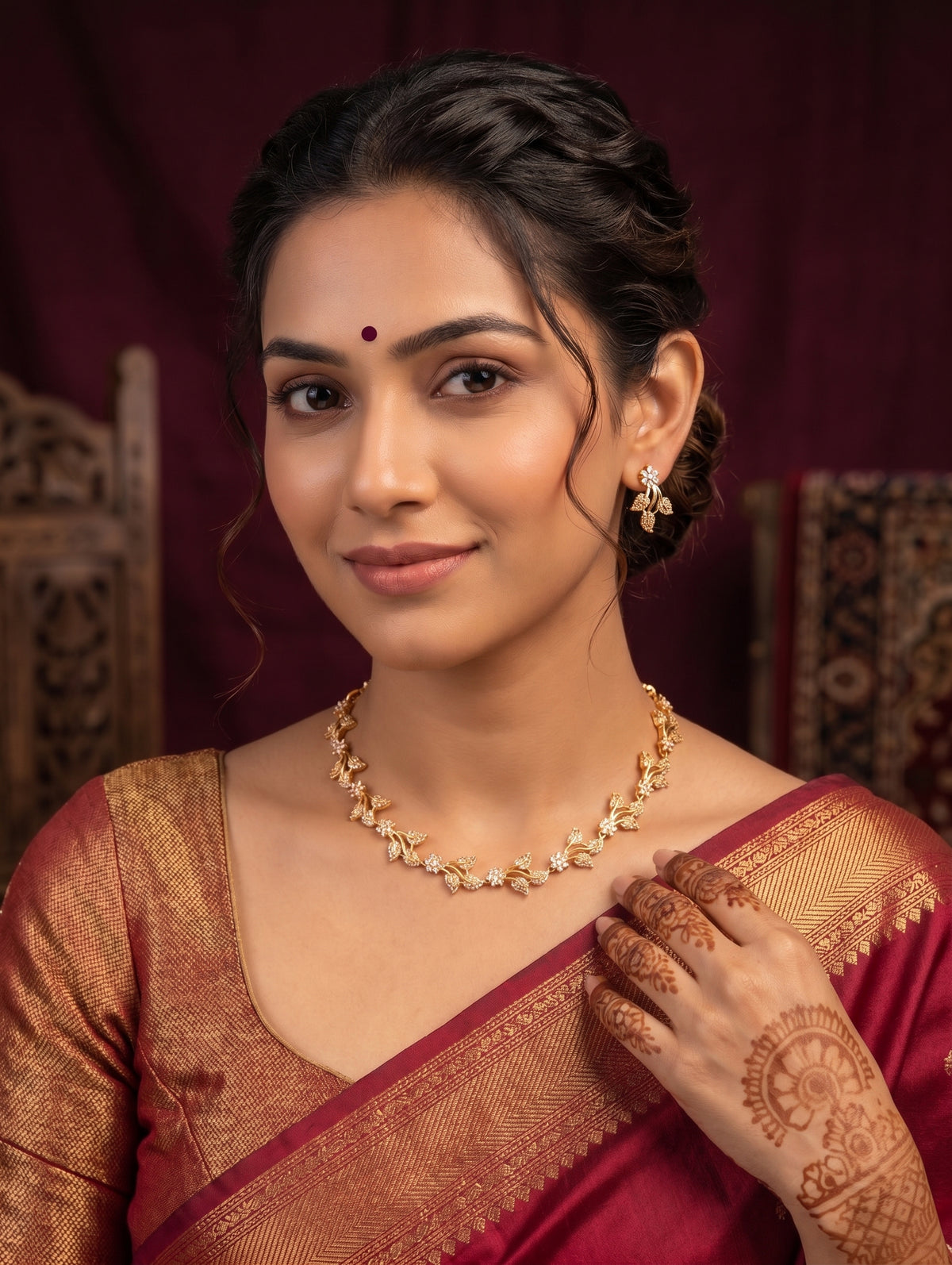 Leaf design Antique CZ Choker Necklace set - Simpliful