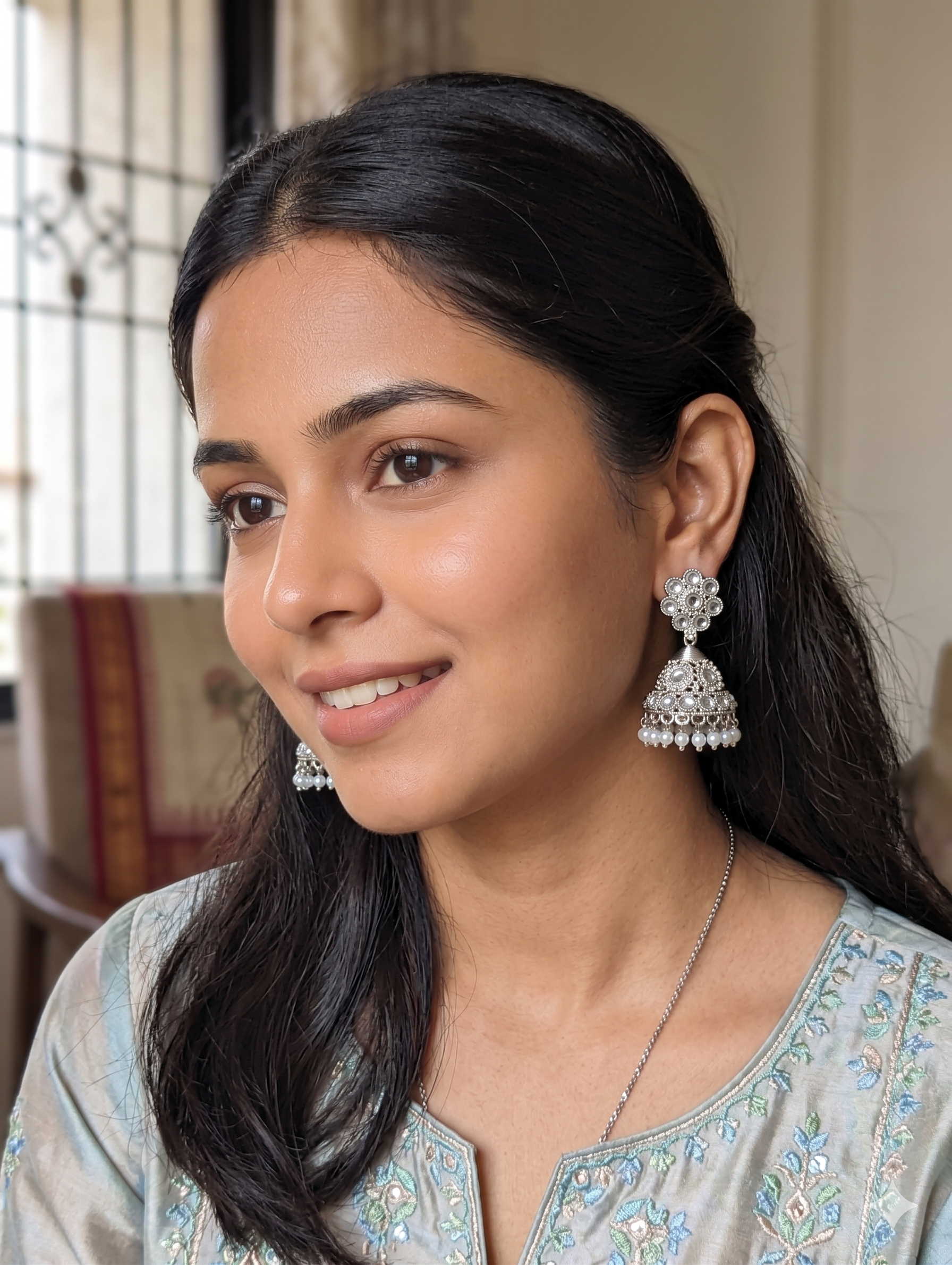 White Polki Flower Jhumka earrings - Simpliful