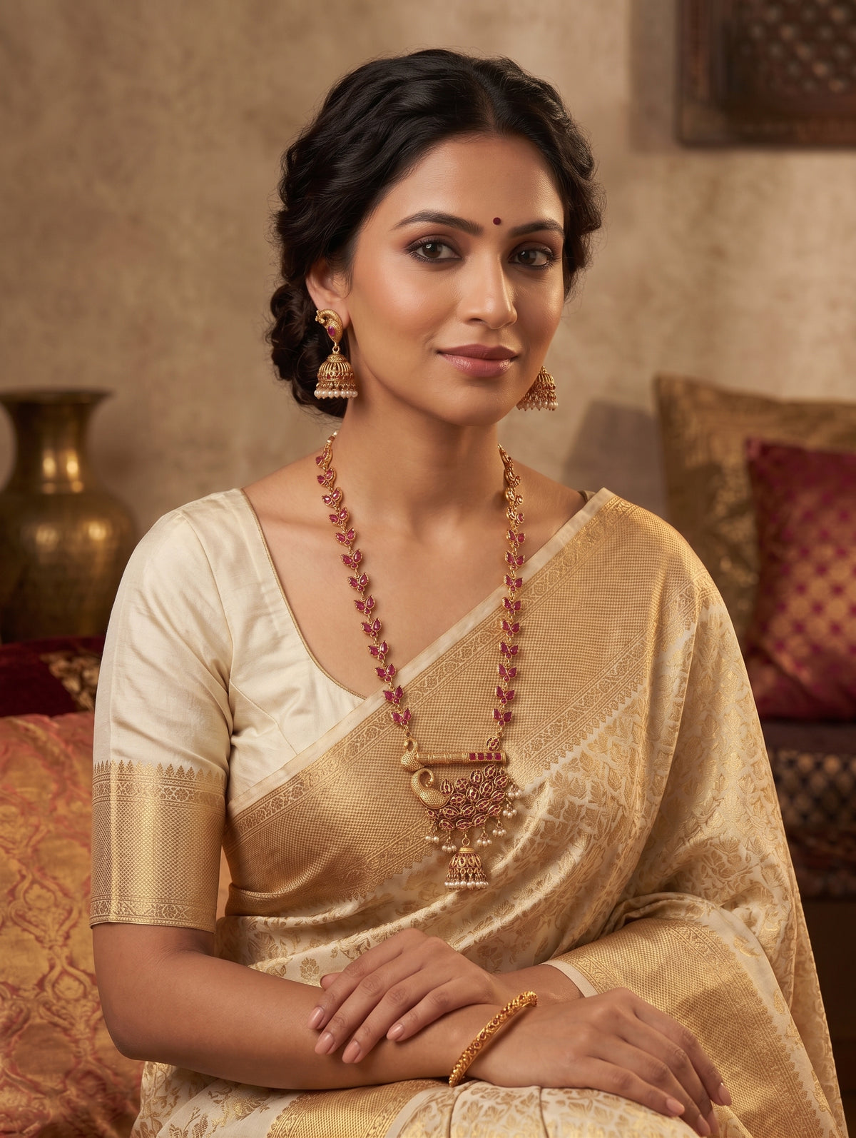 Peacock design Ruby Polki Long Haram Necklace set