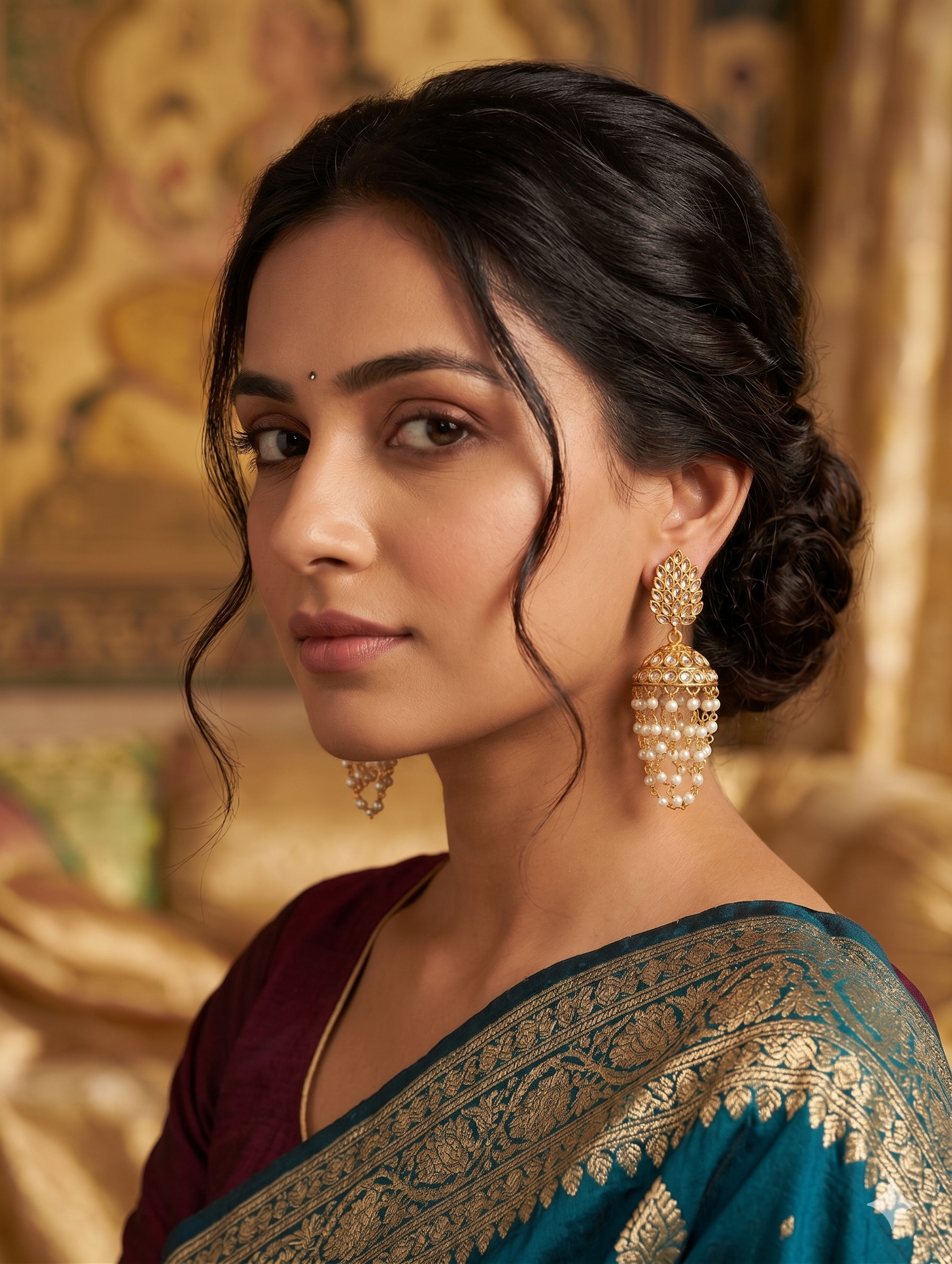 Gold plated CZ peal link chain Jhumka Earrings