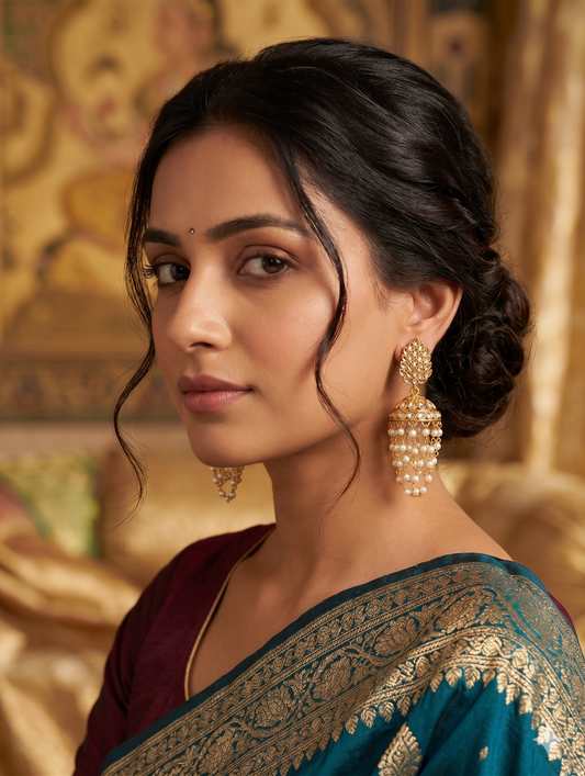 Gold plated CZ peal link chain Jhumka Earrings