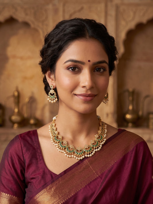 Chandbali design Green Kemp Guttapusalu Choker set