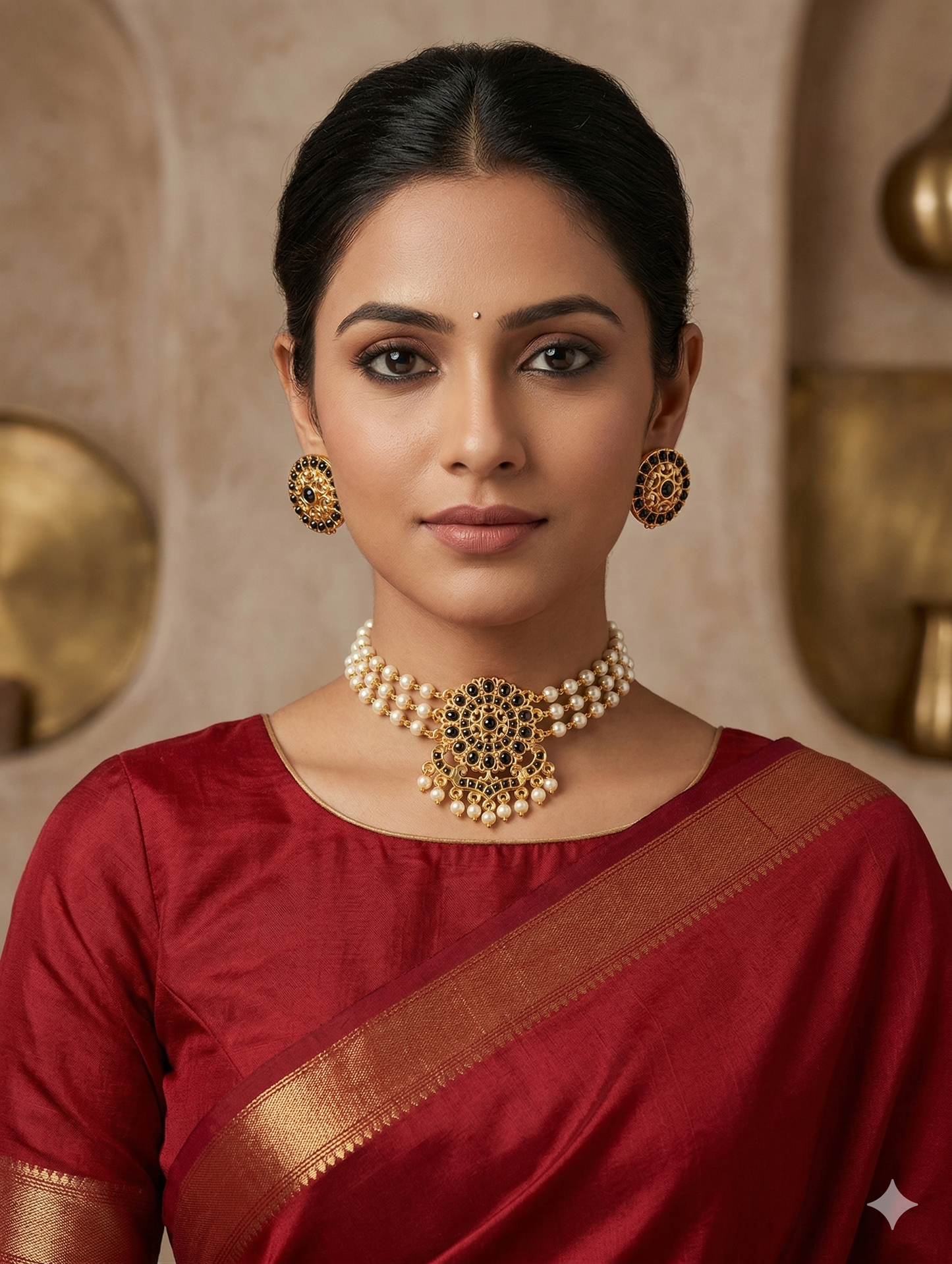 Triple pearl stranded Black Kemp Choker Stud Earrings set - Simpliful