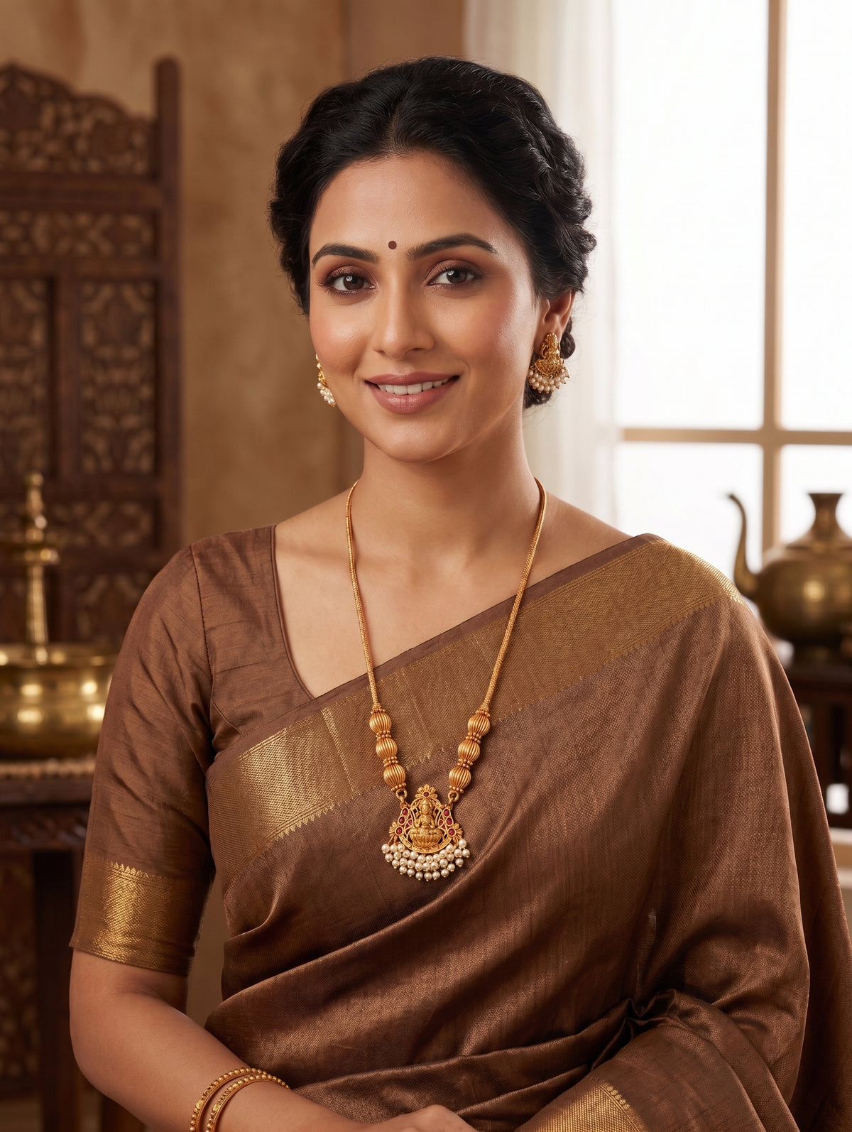 Pearl hand setted Goddess Lakshmi Pendant Chain Stud set