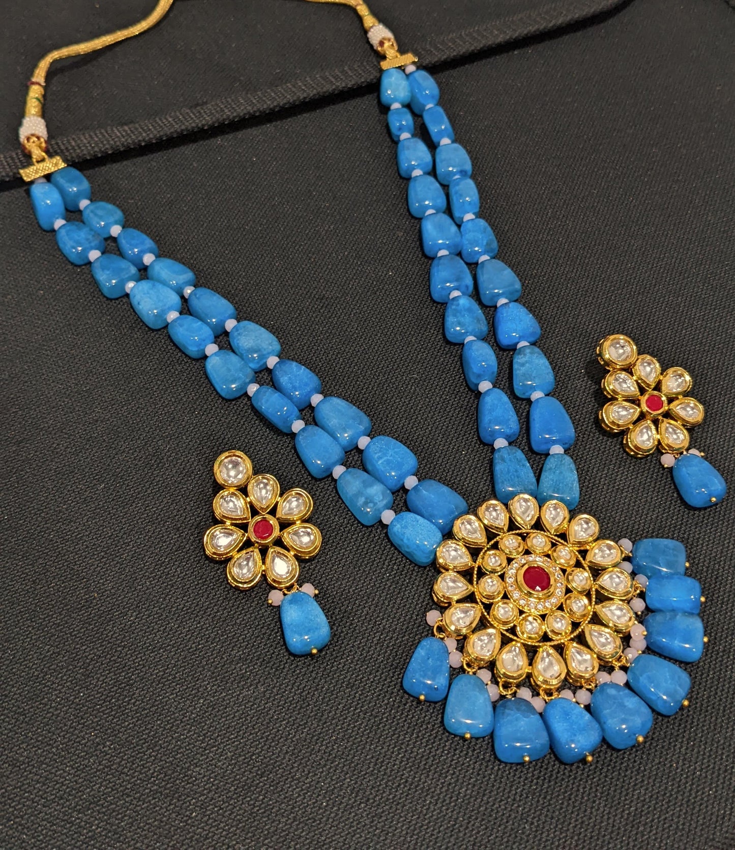 Sky Blue bold bead Long Necklace Kundan Pendant and Earrings set