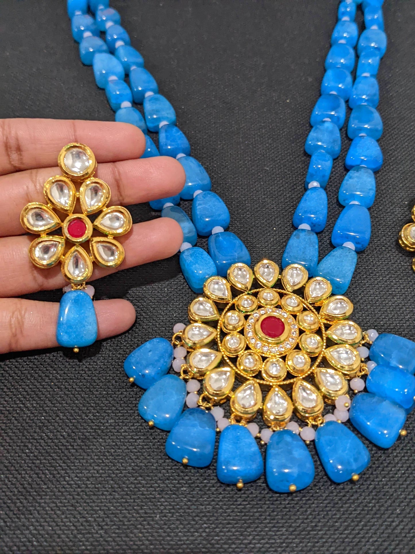Sky Blue bold bead Long Necklace Kundan Pendant and Earrings set