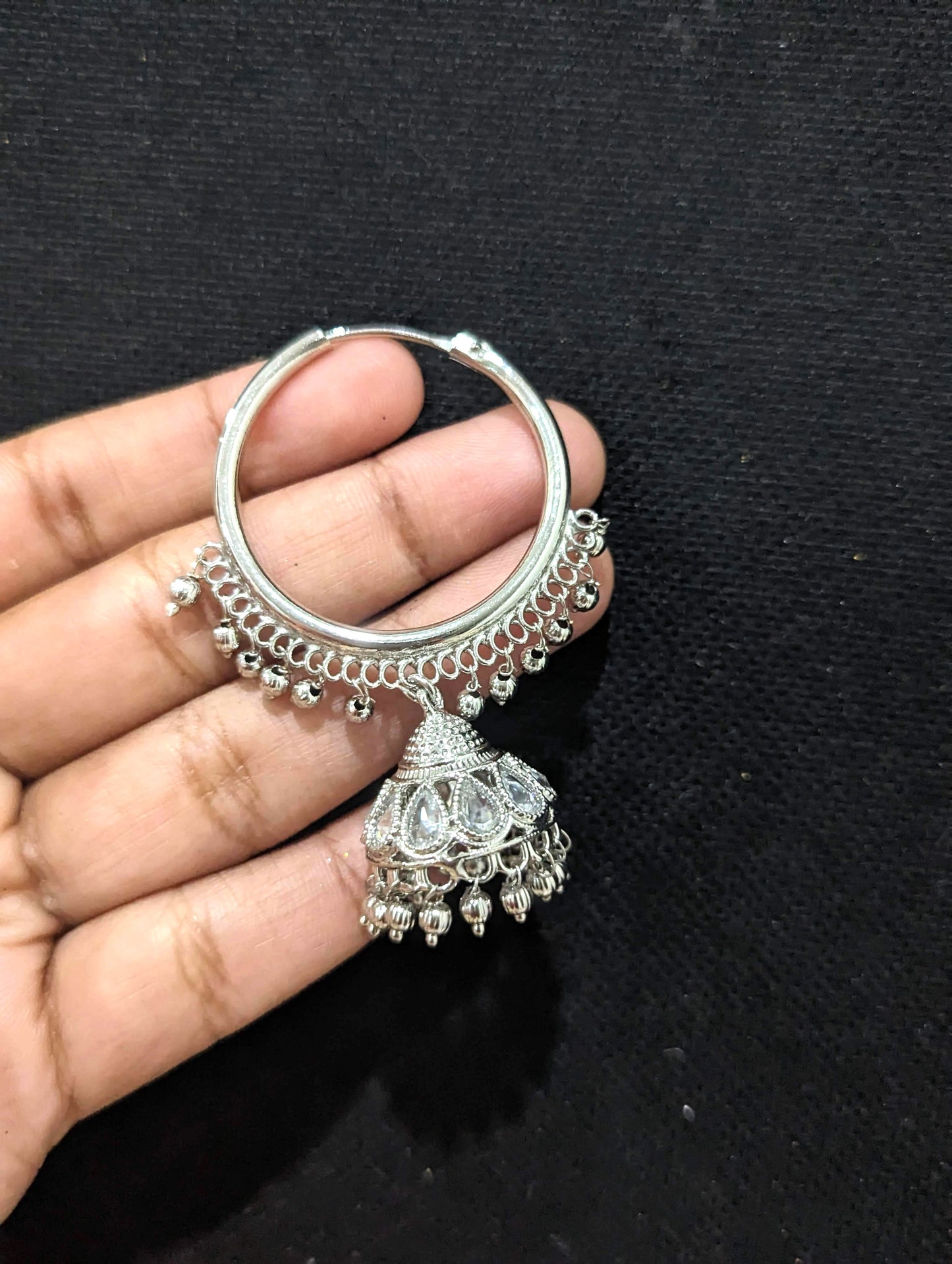 Silver rhodium plated Hoop Jhumka Earrings - D2