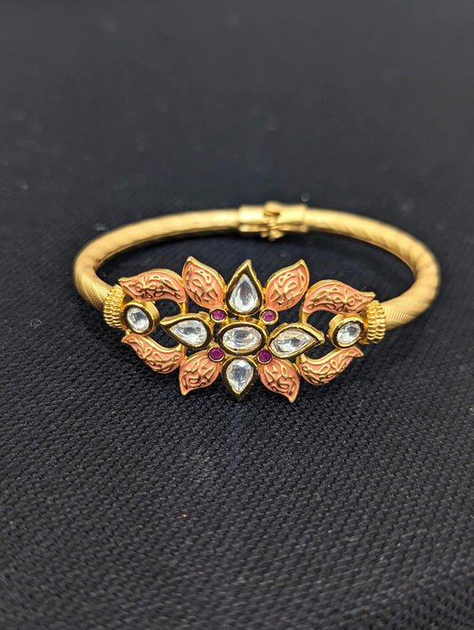 Flower center uncut kundan stone openable bangle bracelet