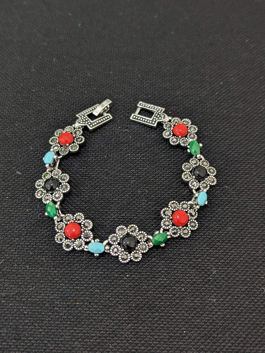 Antique Silver multi color flower design Bracelet - Simpliful