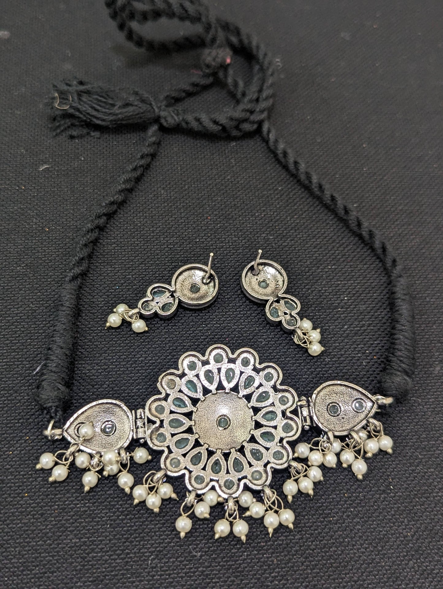 Oxidized silver Dori thread Choker Necklace set - Design 3