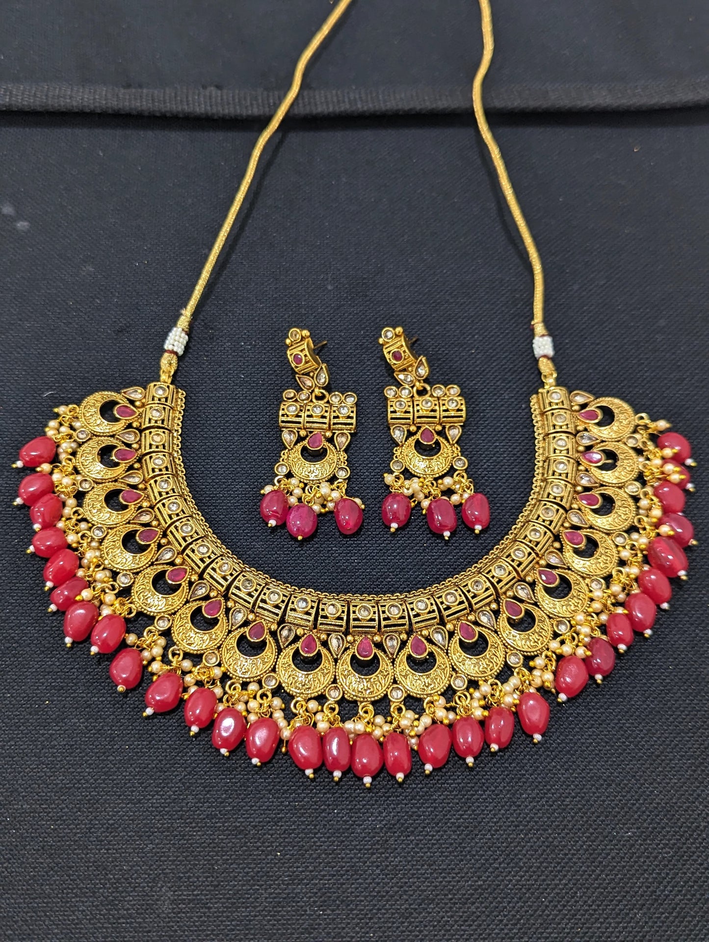 Chandbali Design Red bead dangle Heavy Choker Necklace Set