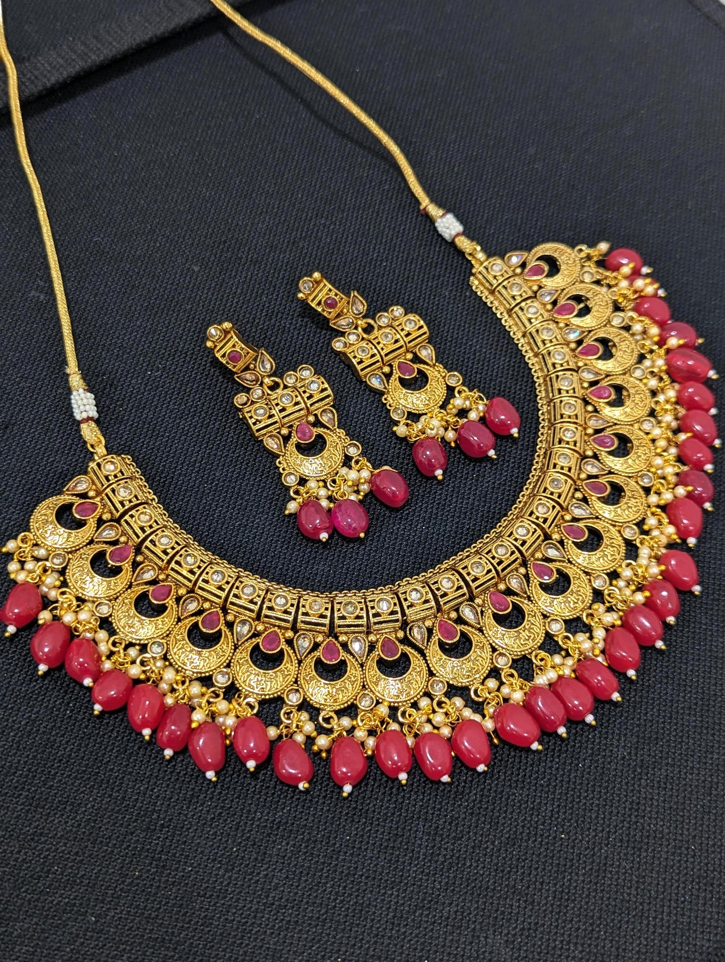 Chandbali Design Red bead dangle Heavy Choker Necklace Set