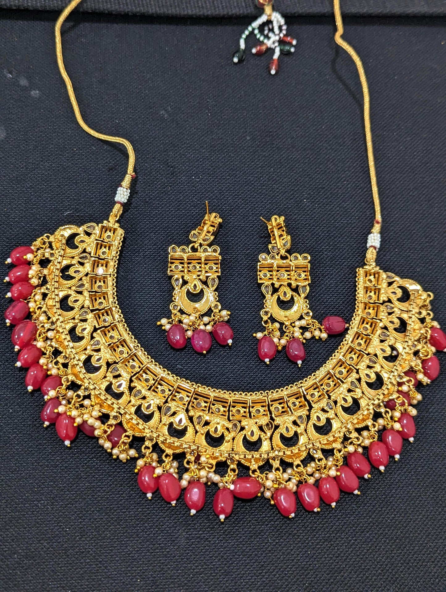 Chandbali Design Red bead dangle Heavy Choker Necklace Set