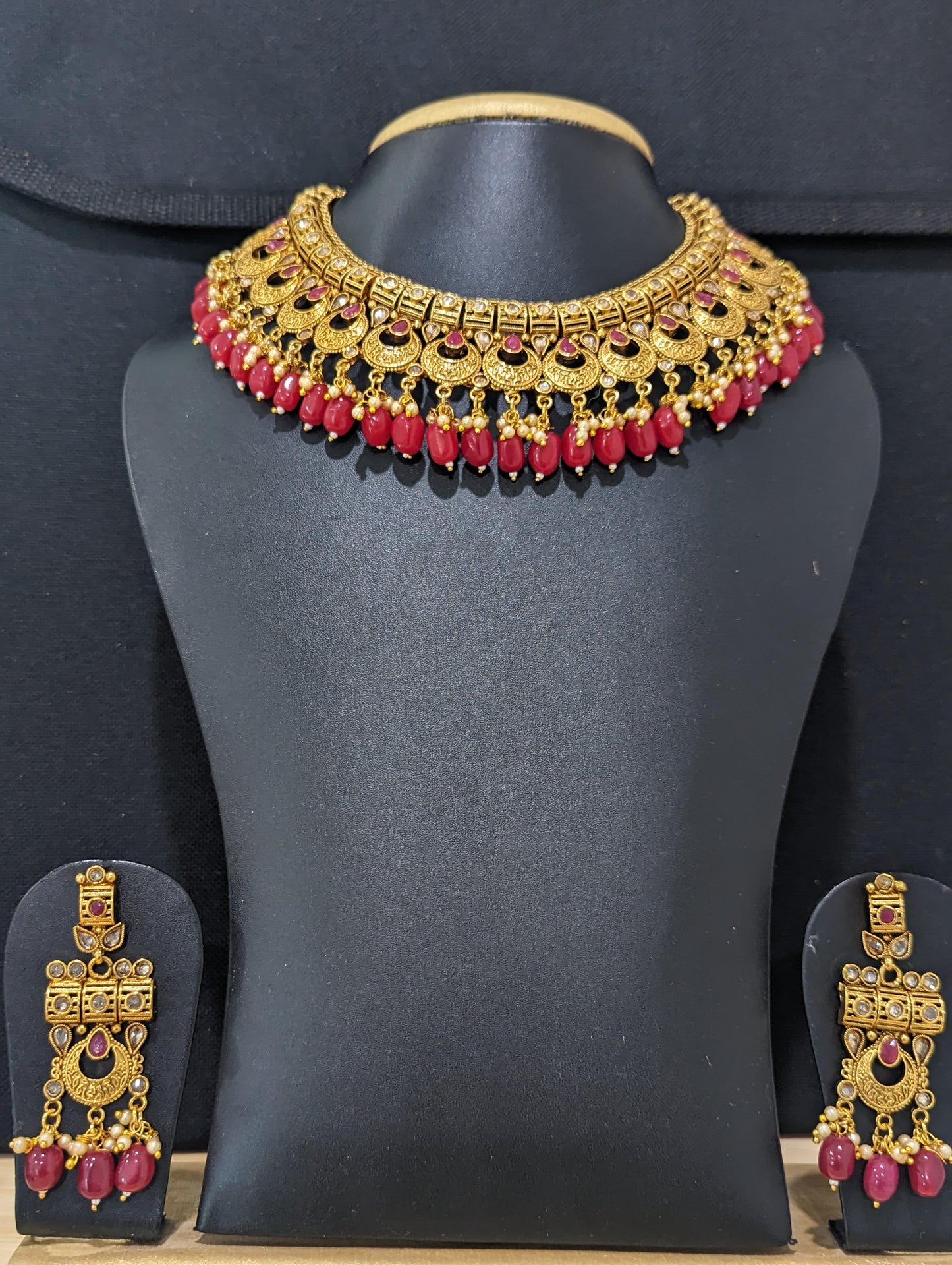 Chandbali Design Red bead dangle Heavy Choker Necklace Set