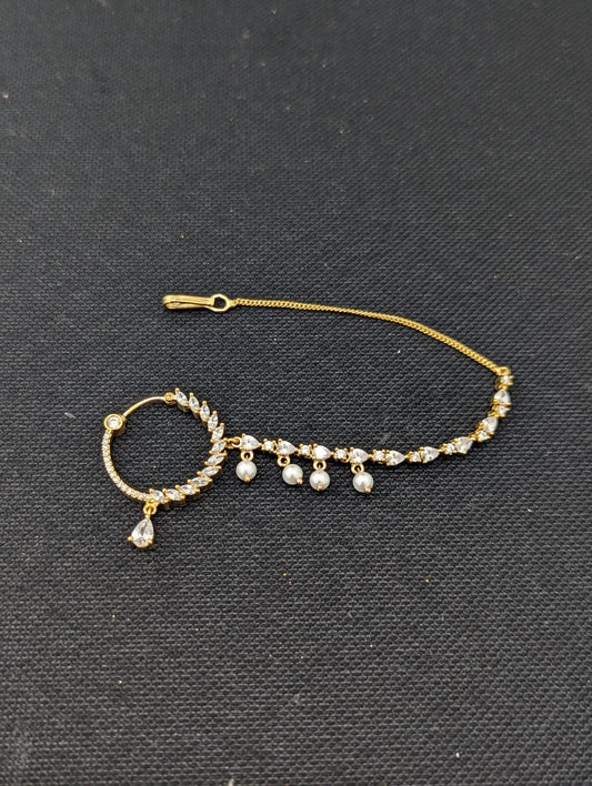 CZ stone Nose ring with chain for pierced nose