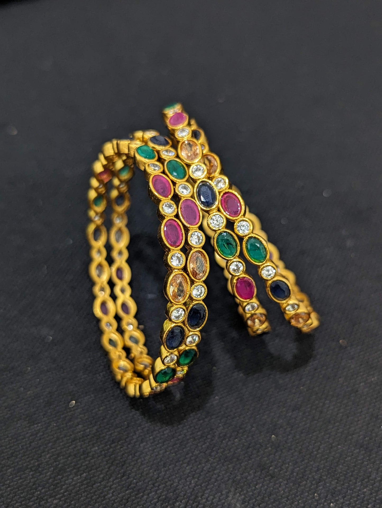 Oval CZ stone Antique gold bangles - Set of 4