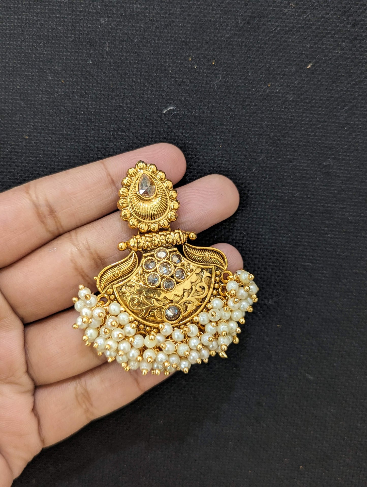 Shiny polki stone Gold plated Chandbali Earrings