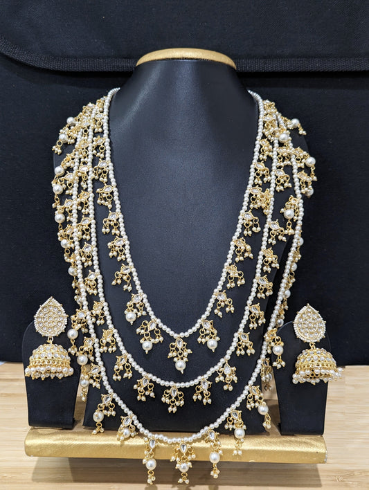 Triple Pearl stranded Kundan Haram Necklace and Earrings set