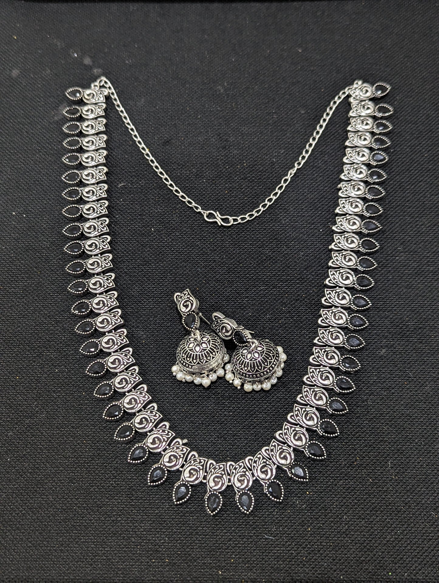 Oxidized Silver Teardrop Polki Mid length necklace set