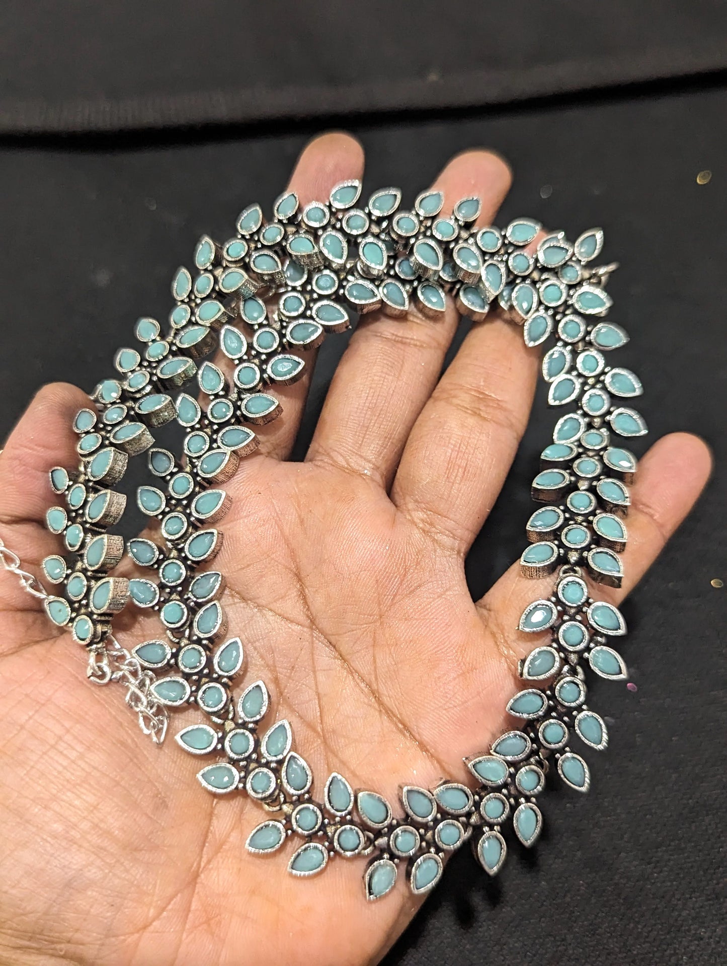Oxidized Silver Leaf Polki stone Long necklace and jhumka set
