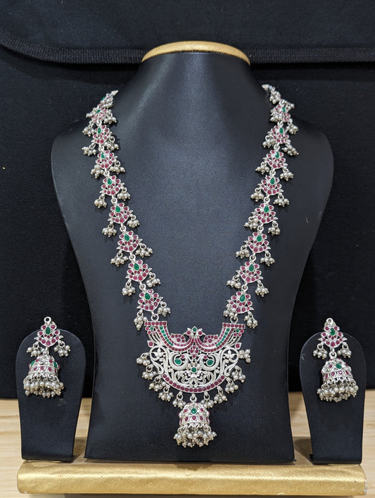 Guttapusalu Silver plated Polki Long necklace and earrings set