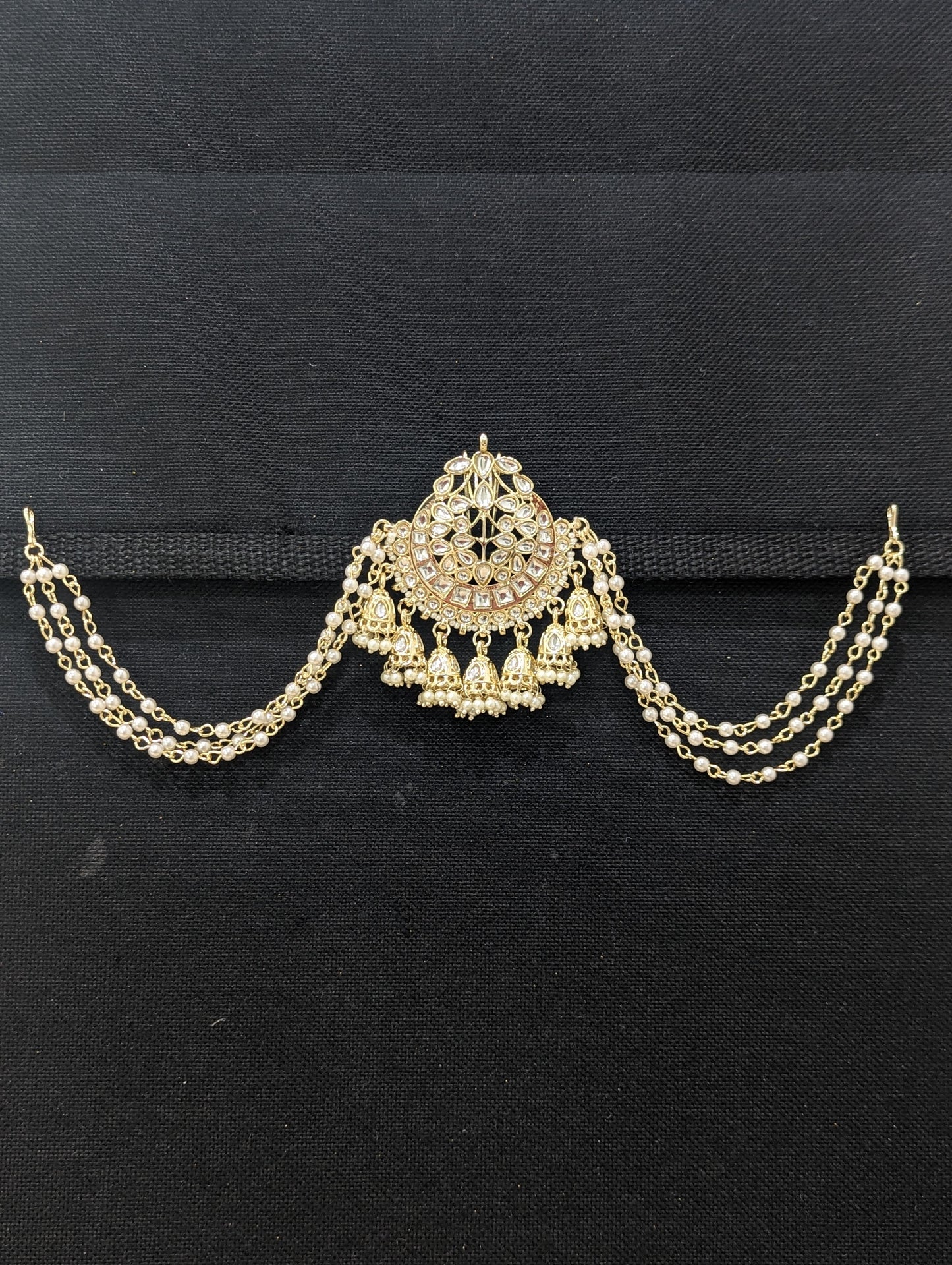 Kundan Clip on Hair Brooch with pearl chain