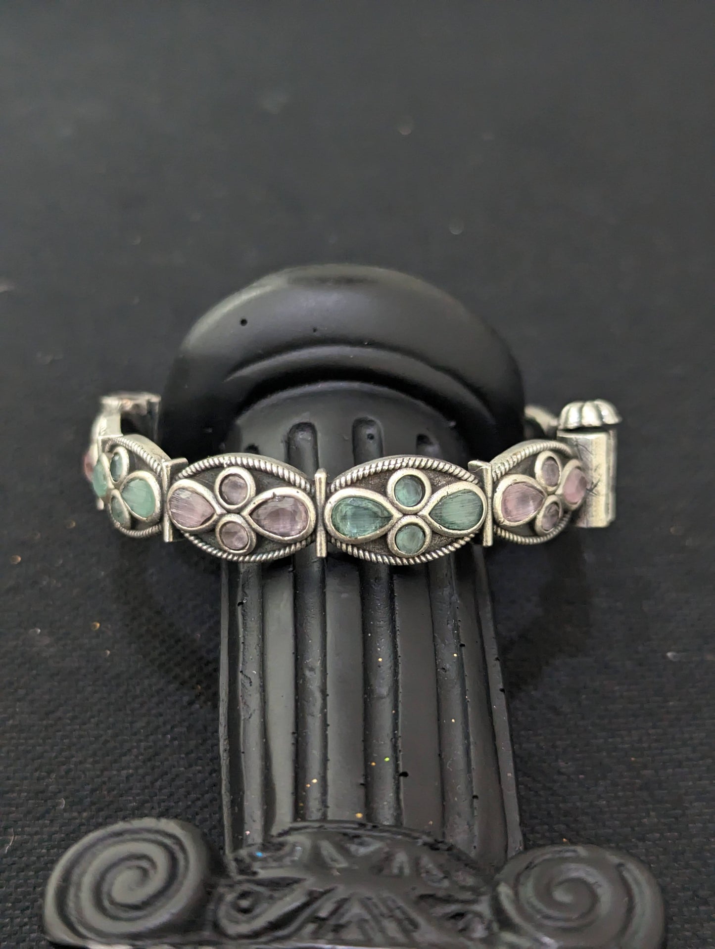 Oxidized Silver Flower Polki kada bracelet