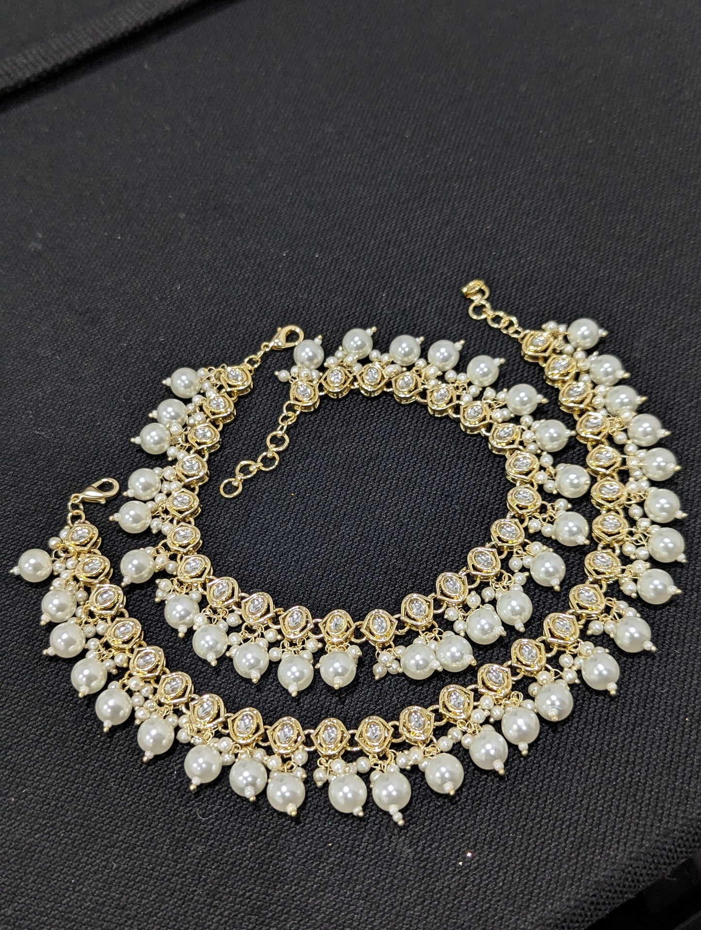 Glass Kundan White Pearl Anklets