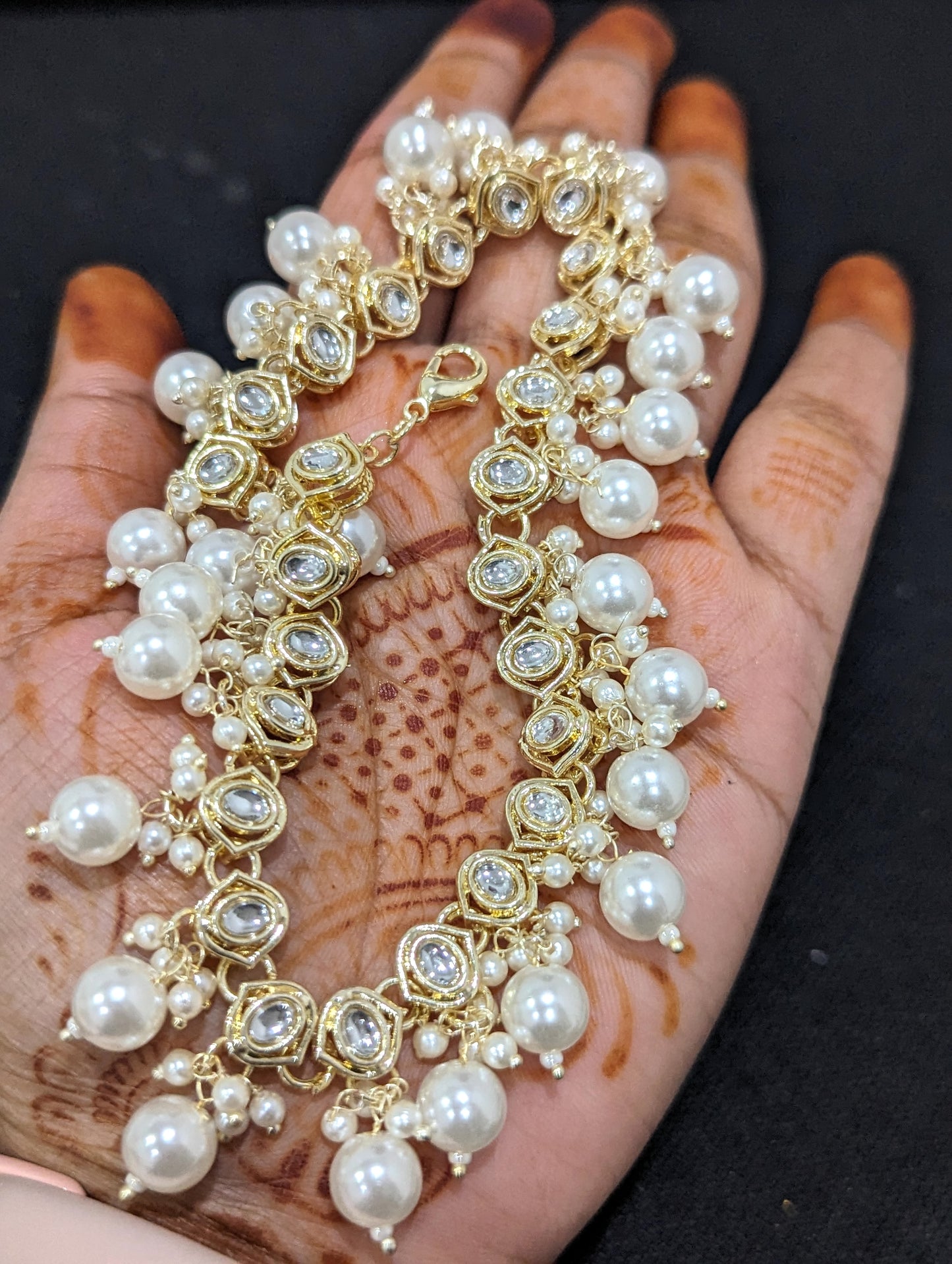 Glass Kundan White Pearl Anklets