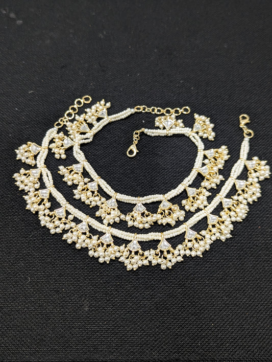 Glass Kundan White Pearl Seed bead Anklets