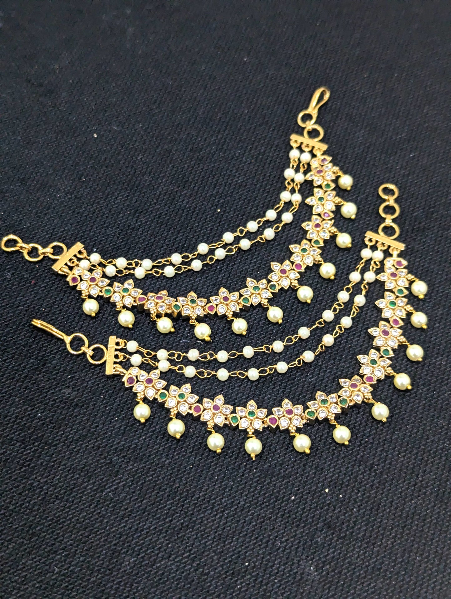 Flower design CZ stone triple layer earrings chain / Maatal