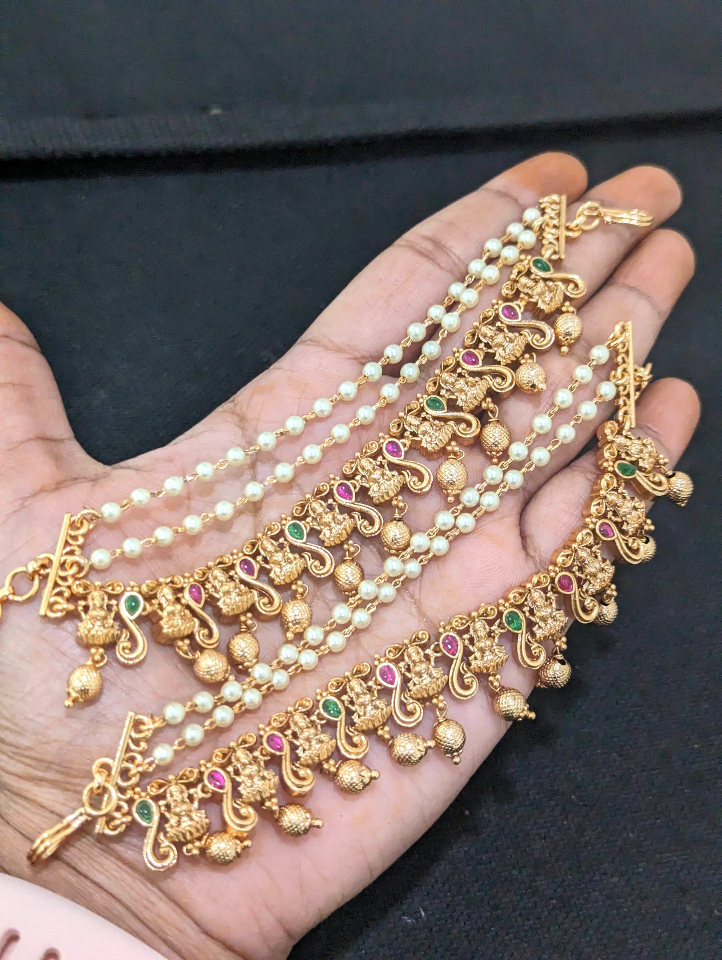 Goddess Lakshmi Kemp triple layer earrings chain / Maatal
