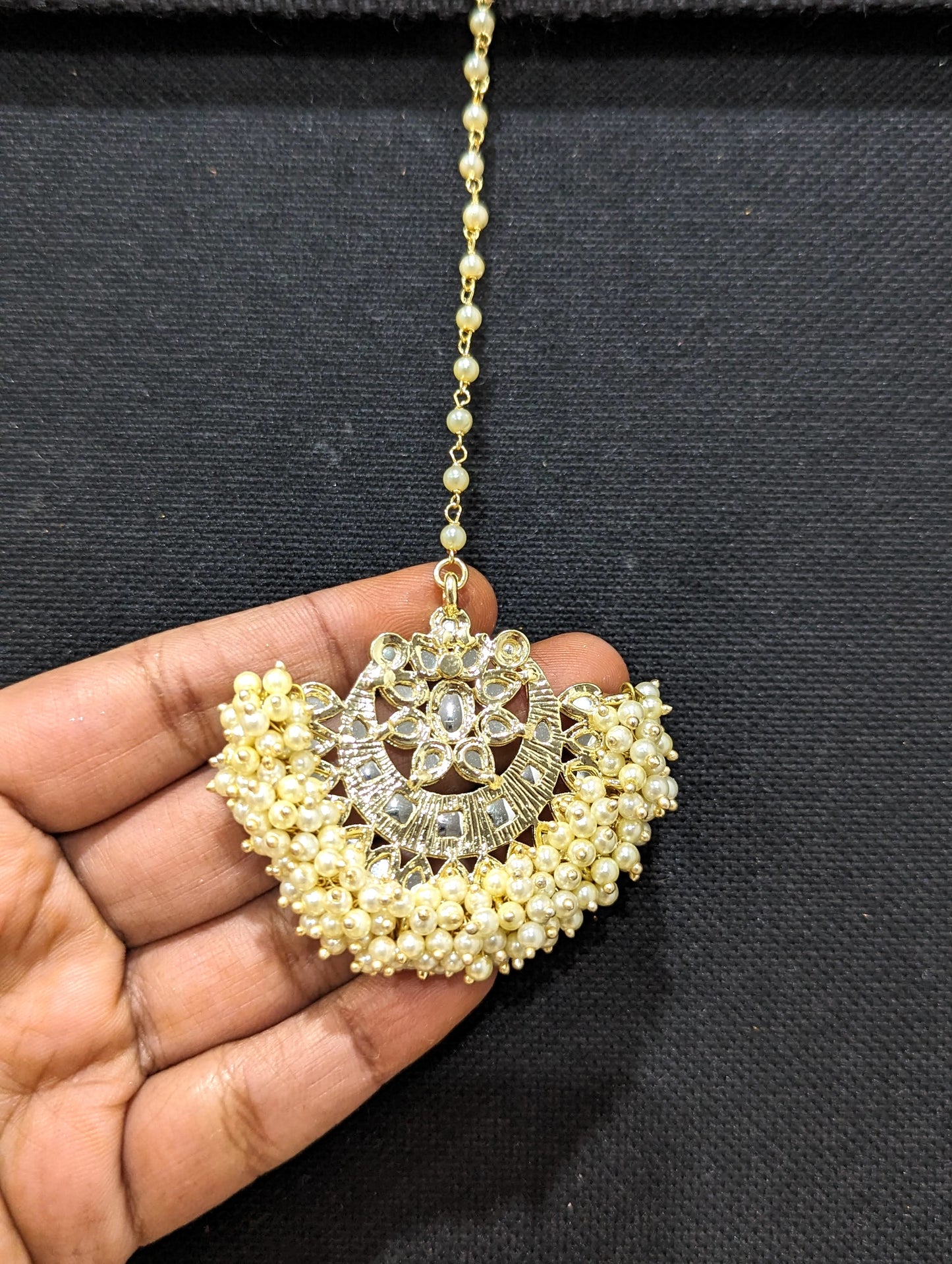 Cluster Pearl bead Kundan stone Maang Tikka