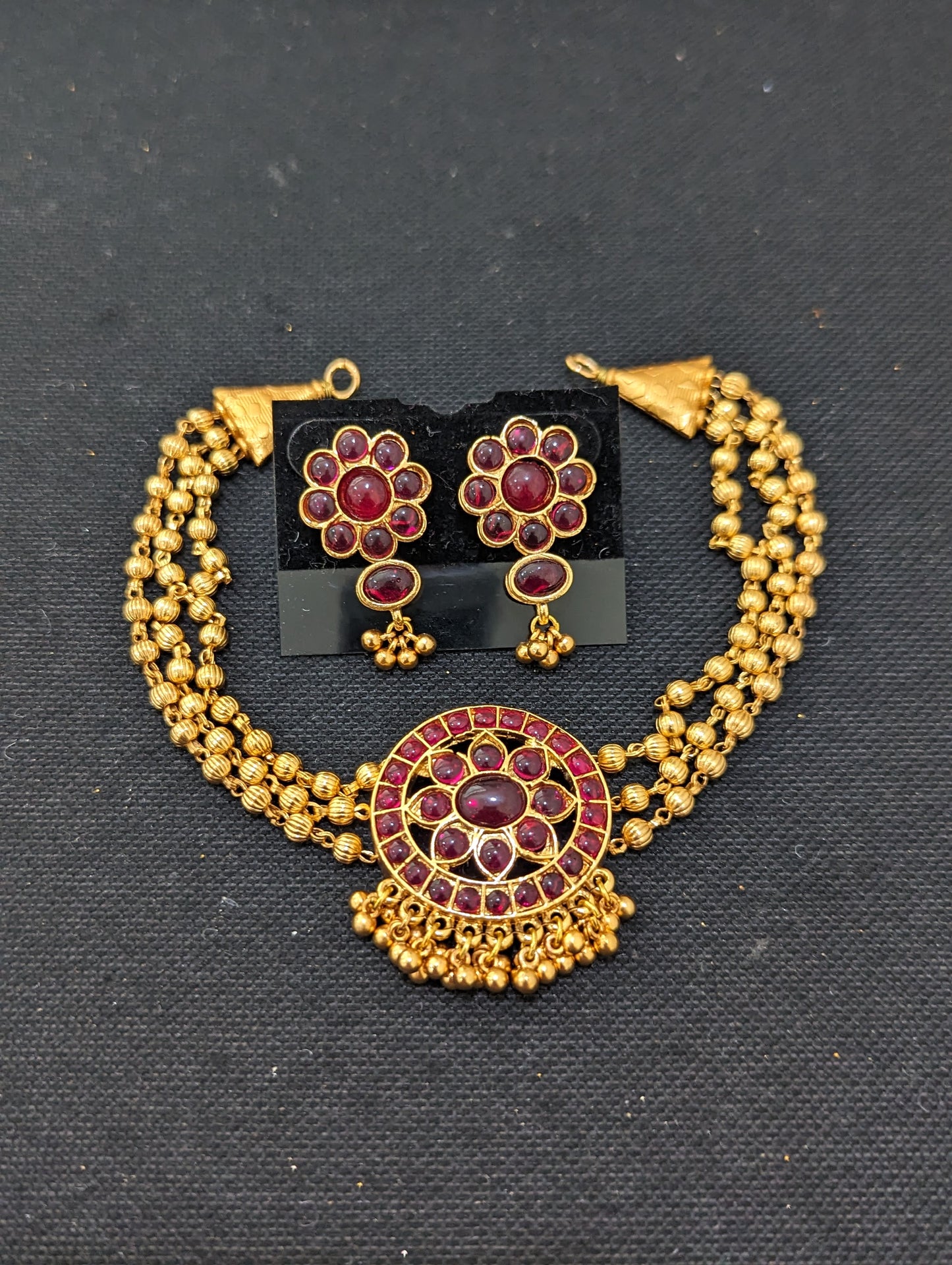Triple stranded Gold bead Flower Center Choker and Stud Earrings set