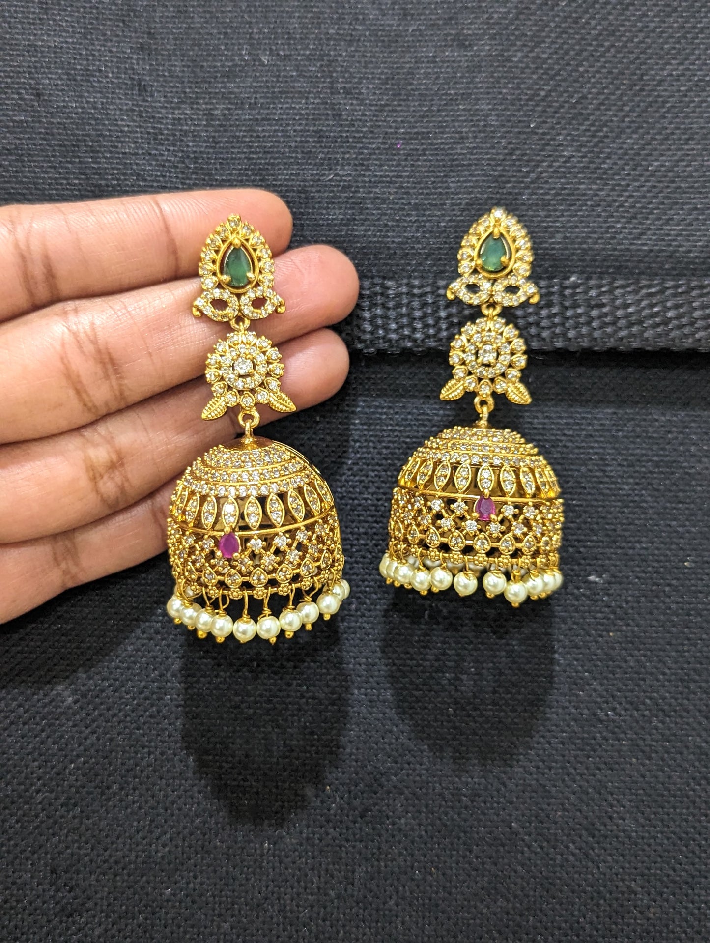 Antique Gold plated CZ Large Dangle Jhumka
