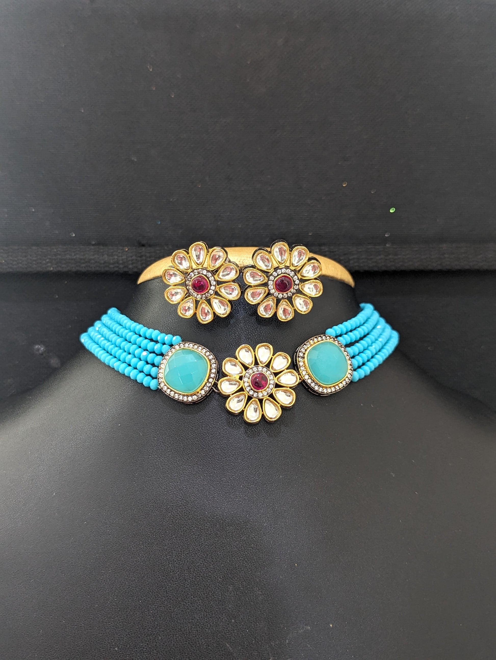 Kundan flower pendant with Light blue crystal bead choker necklace and stud earring set - Simpliful
