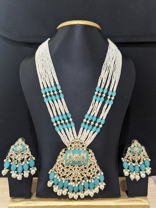 Multi strand Oval bead Necklace Kundan Pendant and Earrings set