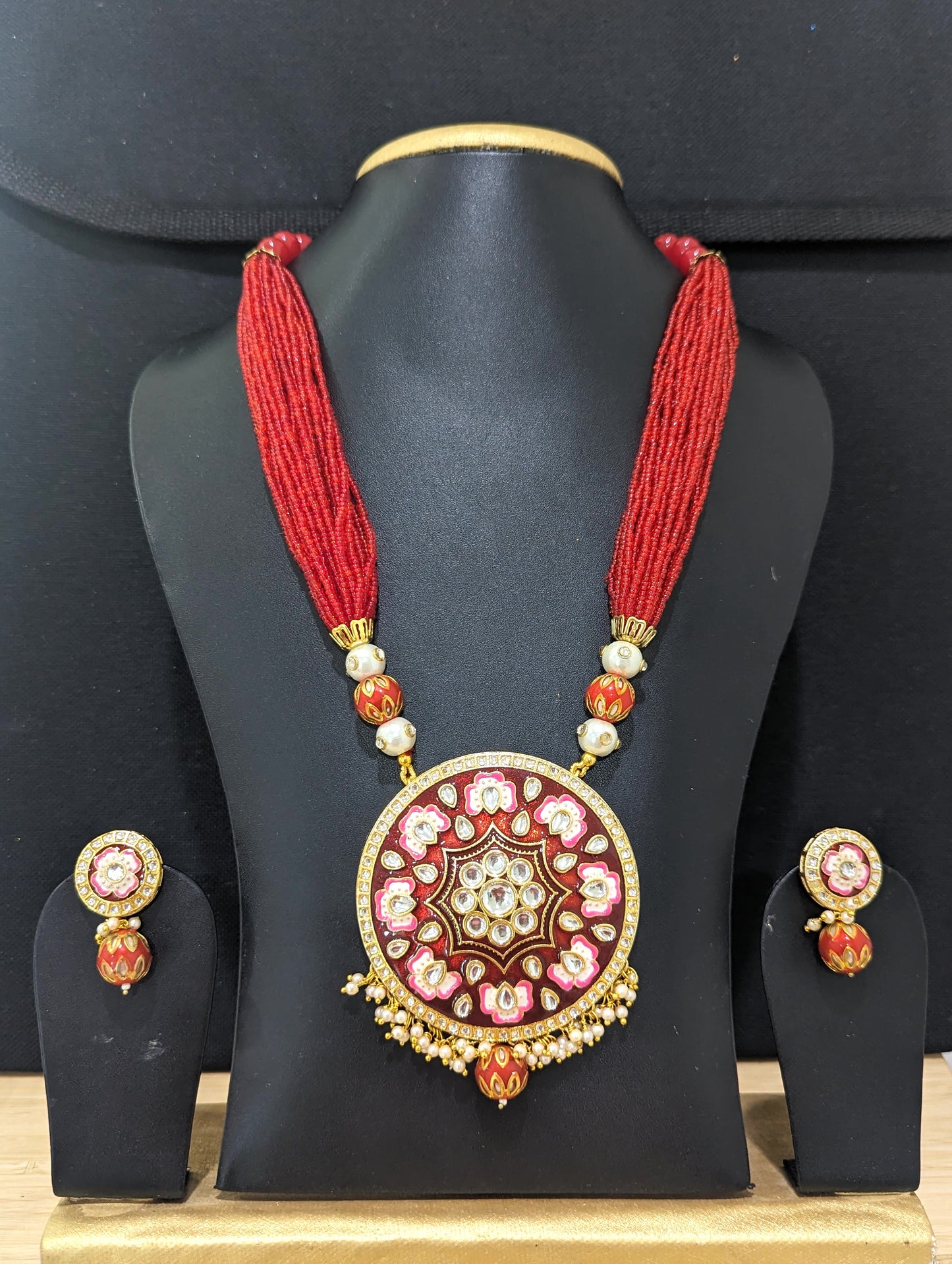 Multi stranded Seed bead chain with Circle pendant Necklace and Stud Earring set with meenakari work - Simpliful