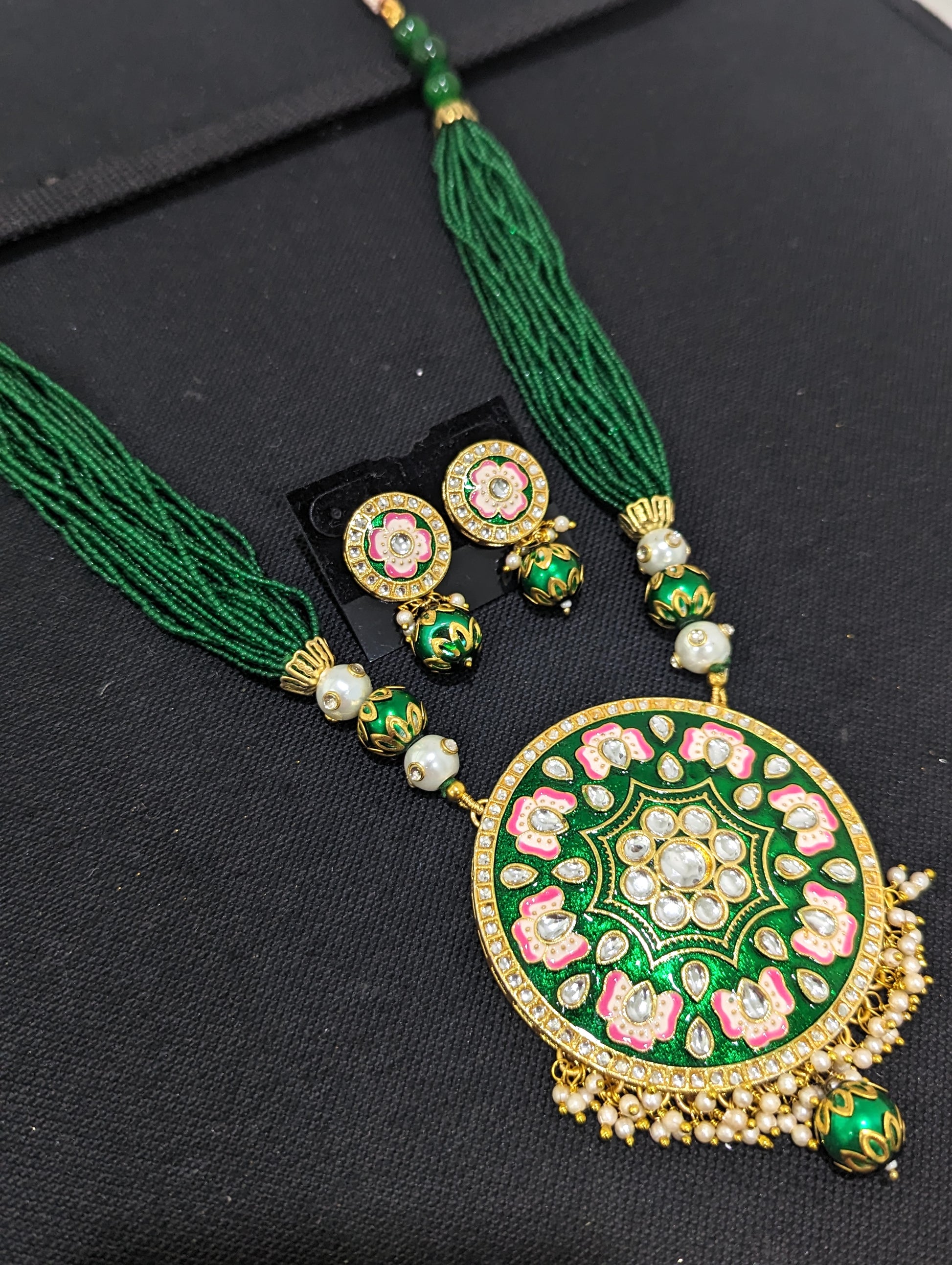 Multi stranded Seed bead chain with Circle pendant Necklace and Stud Earring set with meenakari work - Simpliful