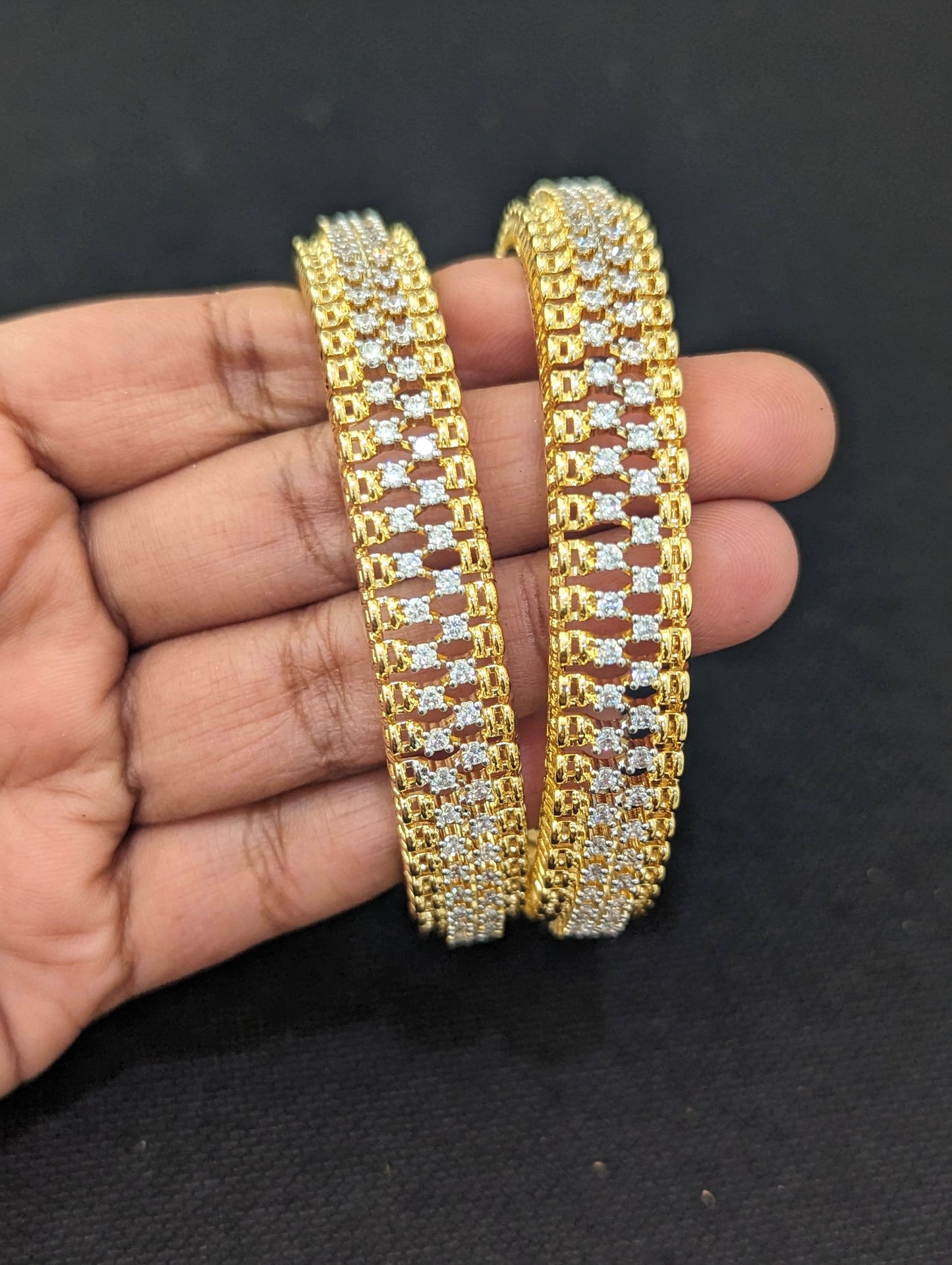 White CZ One gram Gold plated Broad Bangles