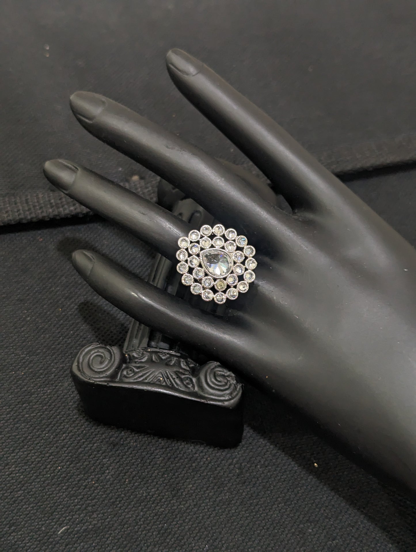 Shiny polki stone Silver Rhodium polished Teardrop adjustable Finger rings