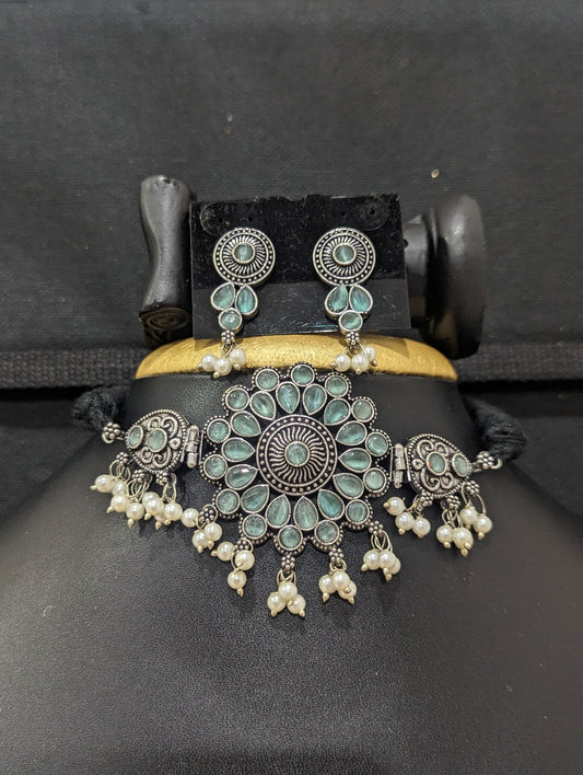 Oxidized silver Dori thread Choker Necklace set - Design 3