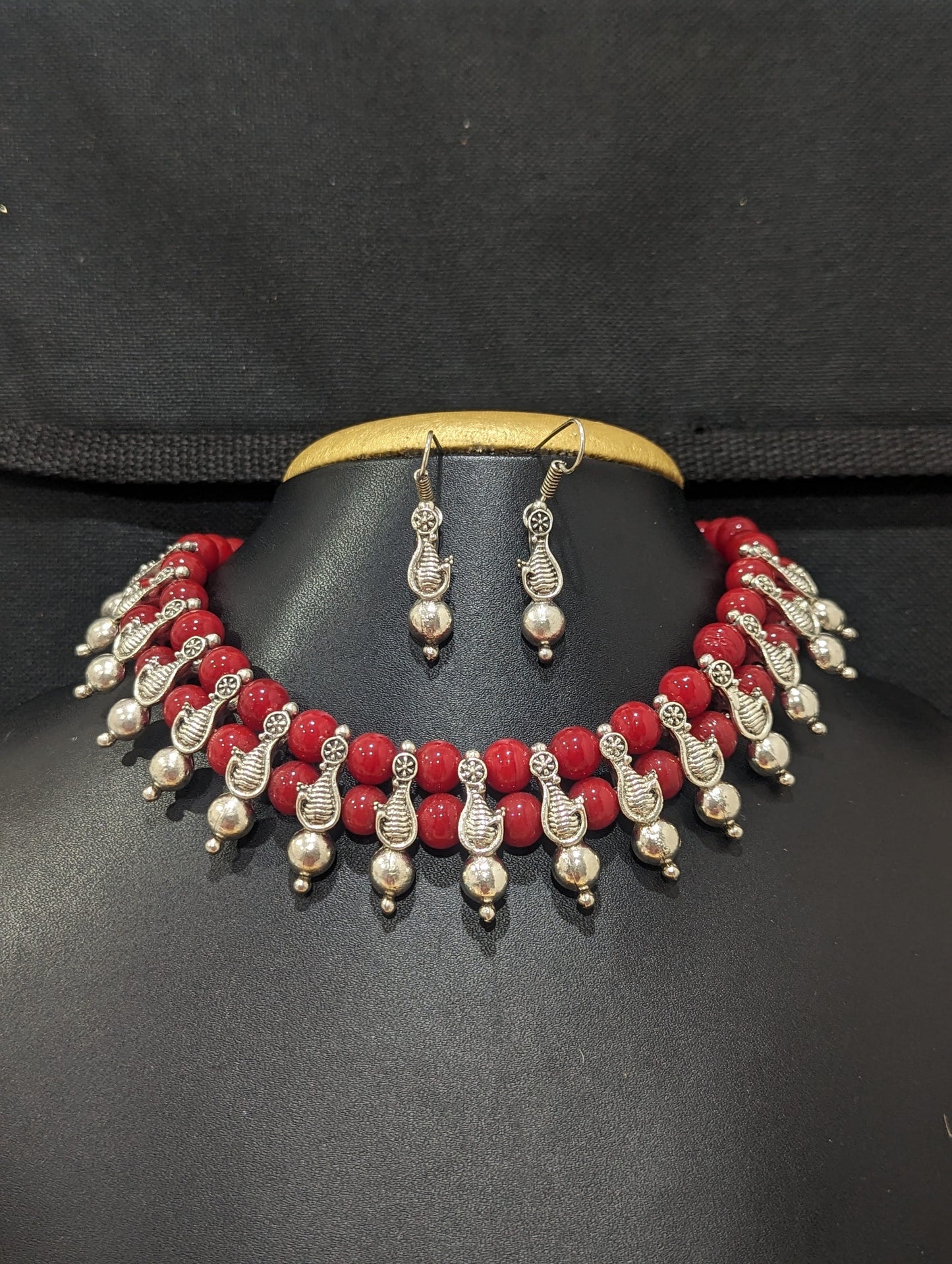 Dual strand bead Charm choker Necklace and hook drop earrings set