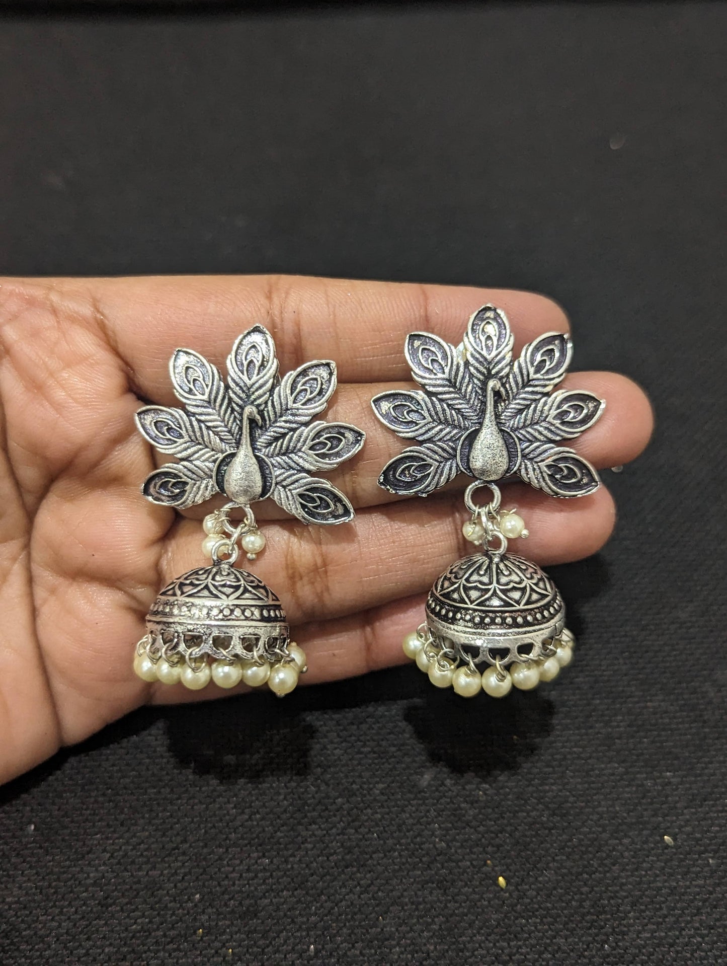 Oxidized Silver Peacock pendant and Earrings set