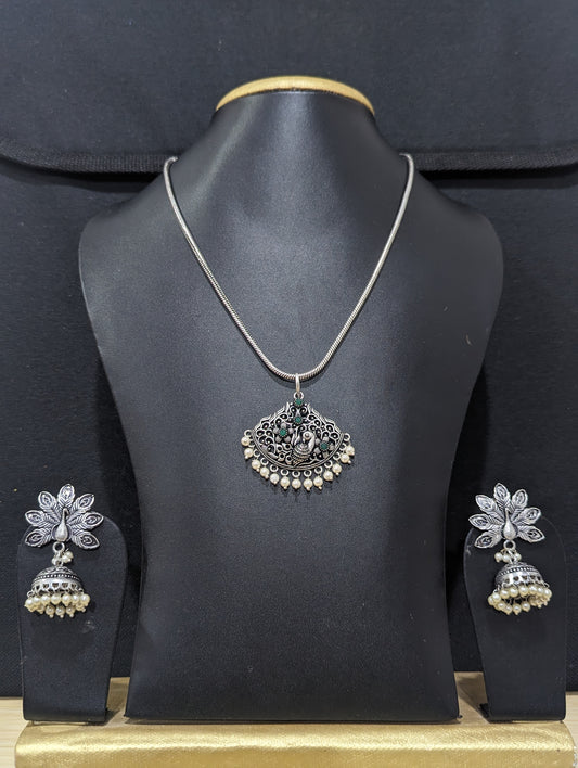 Oxidized Silver Peacock pendant and Earrings set