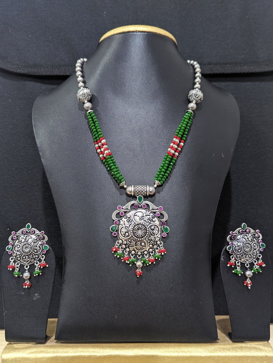 Crystal Bead Necklace Oxidized Silver Pendant and Earrings set