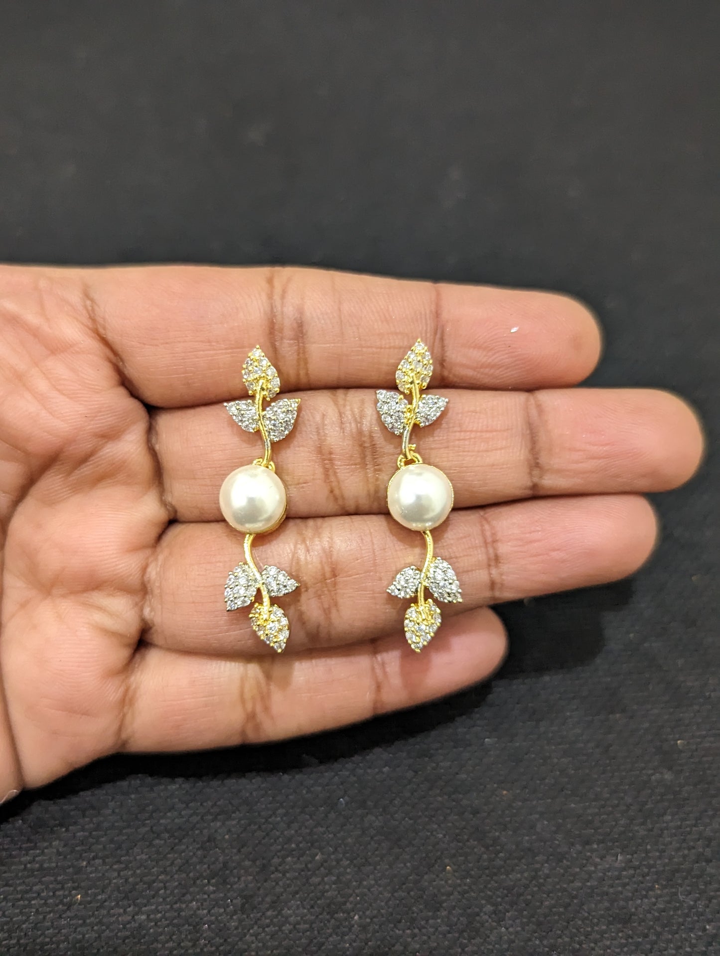 Leafy CZ Pearl choker necklace and Earrings set