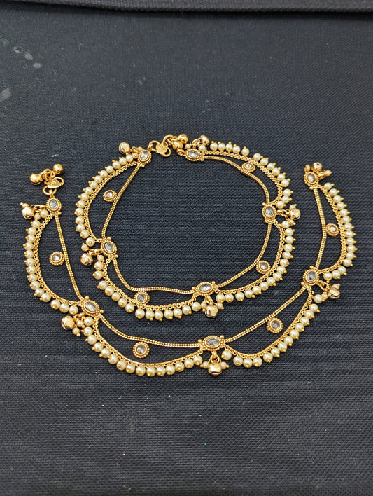 Gold plated Polki stone Bridal Anklets - design 3