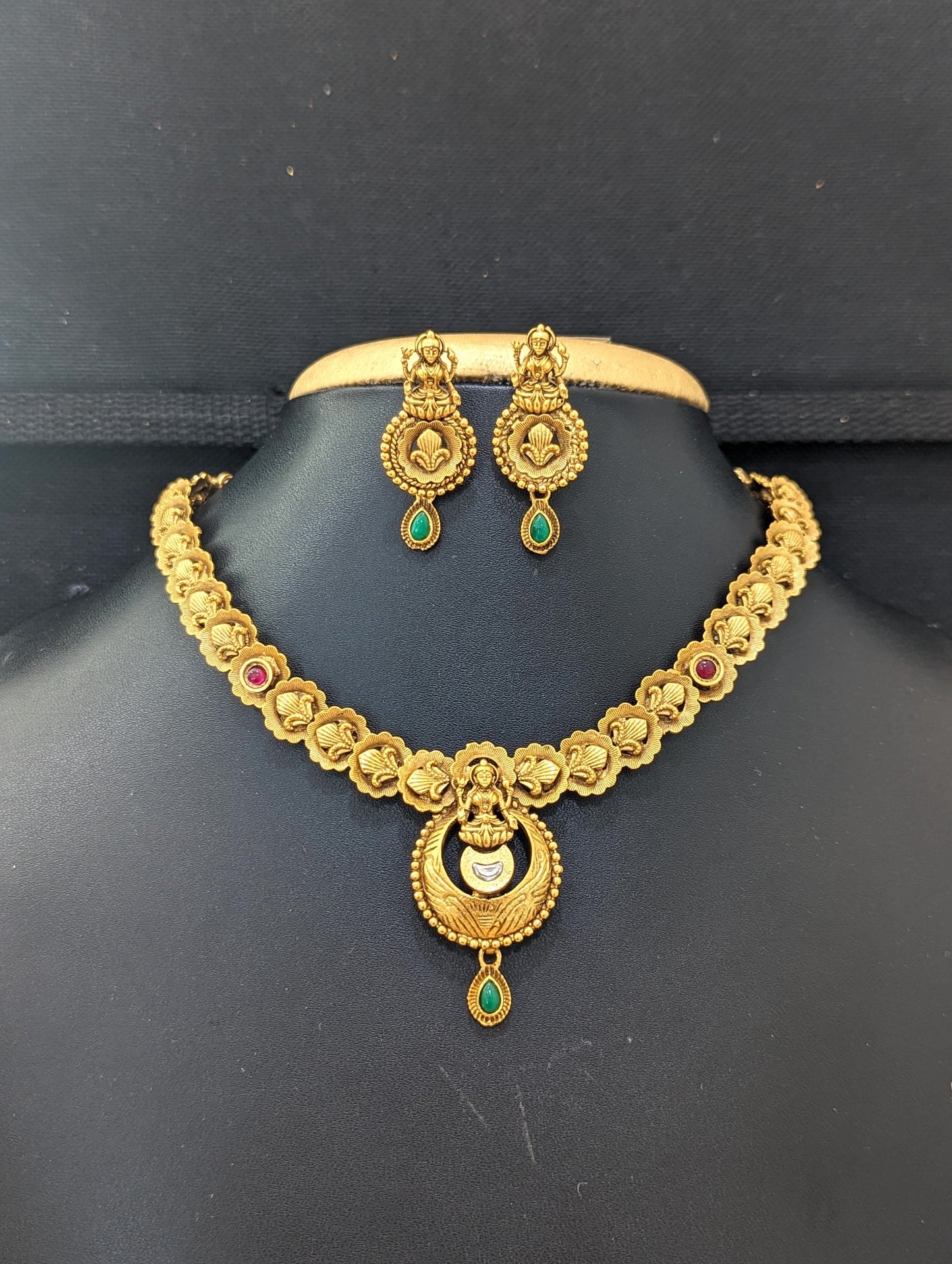 Antique matte gold plated Lakshmi Choker Necklace and Earrings set